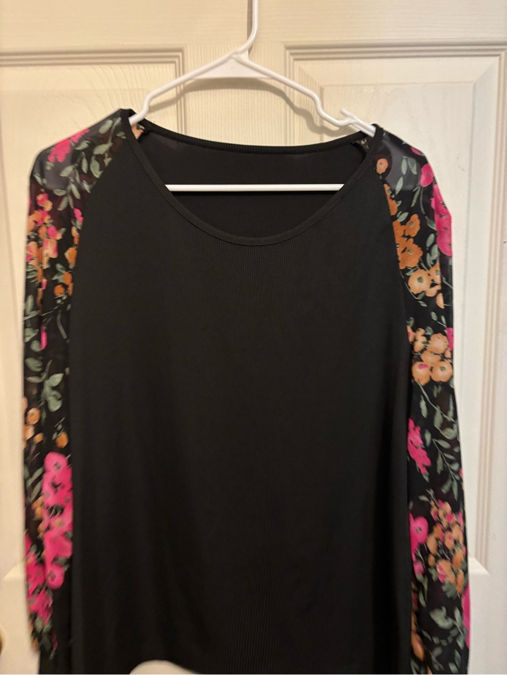 Black Long Sleeve Top with Floral Raglan Sleeves